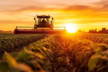 A combine harvester works a field of crops at sunset, casting long shadows across the golden landscape. The scene evokes themes of hard work, agricultural bounty, and the beauty of nature.