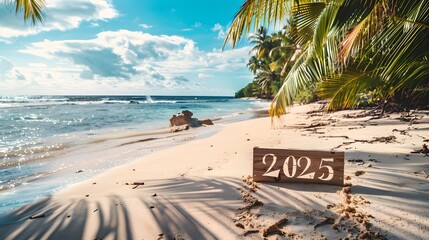 Sign letter 2025 on a tropical beach, New Year 2025, Concept of planning, career path, opportunity and change