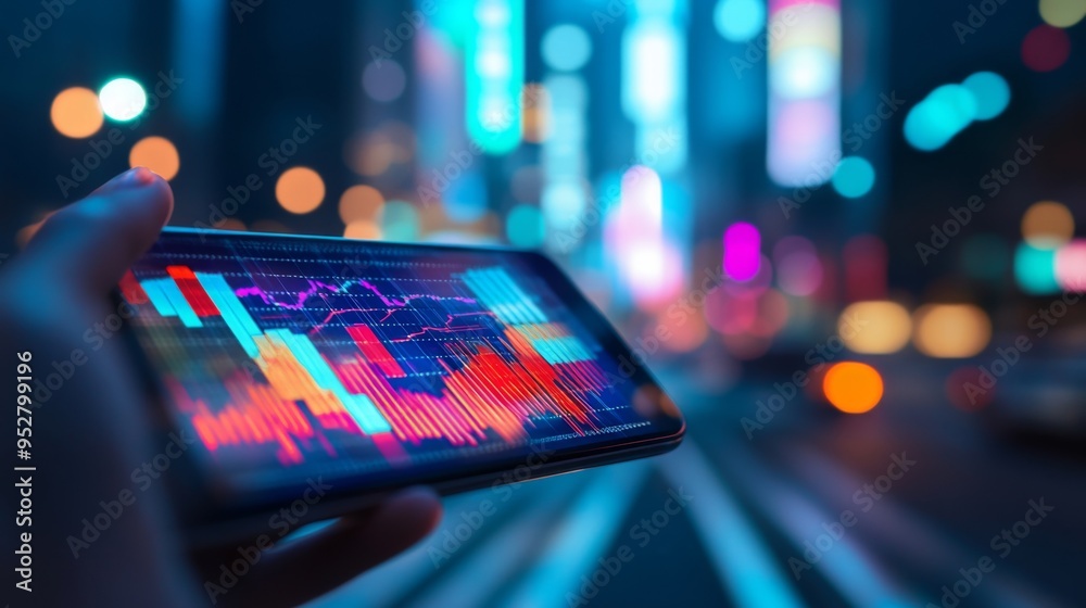 Aufkleber hand holding a smartphone with a graph showing increasing profits, set against a blurred cityscape b