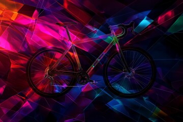 Fototapeta premium A digital collage of a bicycle surrounded by geometric shapes and vibrant neon lights, symbolizing speed, energy, motion, and modern technology.