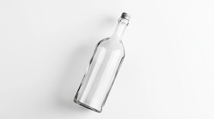 Fototapeta premium A clear glass bottle lying on a white surface, showcasing its simple design.