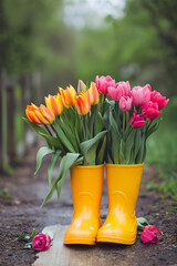 A bouquet of colored tulips in orange rubber boots on the garden background. Template concept for spring holidays, work in the garden, congratulations on Mother's Day and Women's Day. Copy space.
