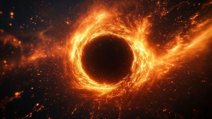 A fiery ring of energy surrounds a black hole at the center of a galaxy, symbolizing the immense power and mystery of the universe, the destructive nature of black holes, the beauty of celestial objec