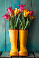 Bouquet of colored tulips in yellow rubber boots on a wooden background. Template concept for spring holiday, work in the garden, congratulations on Mother's Day and Women's Day with copy space layout