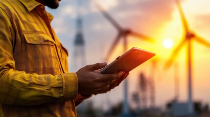 Wind turbine engineer harnessing wind power to generate electricity, turbines spinning in the background, photorealistic, ultra detailed, 8K resolution, dynamic lighting
