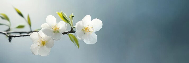 Obraz premium A graceful branch with three delicate white blossoms against a soft blue sky, symbolizing new beginnings, purity, spring, nature, and beauty.