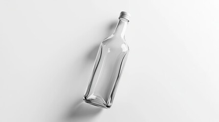 A clear glass bottle lies on a white surface, showcasing its simple design and transparency.