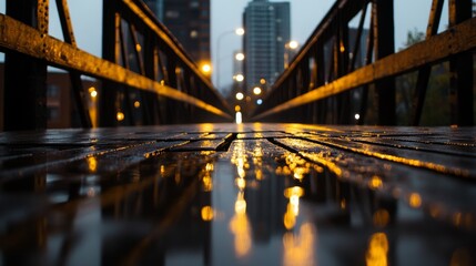 A low angle view of a metal bridge with wooden planks, wet from recent rain. The bridge leads into a city skyline with lights reflecting off the puddles.  The image symbolizes progress, connection, an