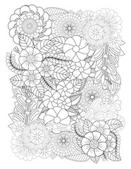 Fototapeta premium Coloring page of tropical flowers and leaves. Antistress for adults and children. Flower Mandala Coloring page For Adult. Ornamental mandala adult coloring book page.