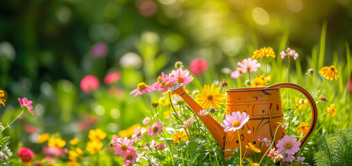 Banner orange watering can in the garden among the herbs in sunny weather with flower. Concept template for spring time, caring for the garden and country life with copy space