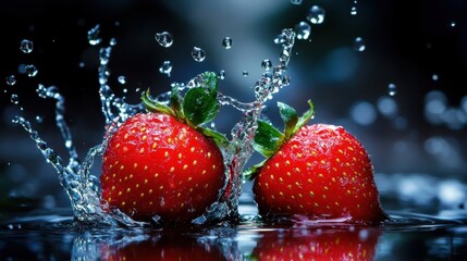 Fresh strawberries splash into water, creating dynamic droplets in a vivid, dark setting during a bright afternoon