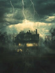 A mysterious, old, and abandoned house stands alone in a foggy field under a dark and stormy sky. Lightning strikes illuminate the house, creating a dramatic and eerie atmosphere. The house is surroun