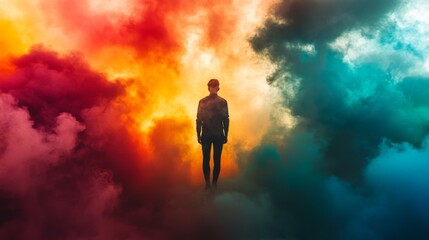 Fototapeta premium High-resolution image of a model standing amidst a cloud of multi-colored smoke, with the colors enveloping them and creating a surreal, artistic atmosphere.