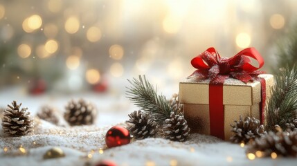 banner mockup featuring a golden gift box adorned with a red ribbon, pine cones, and a celebratory message for christmas and new year