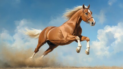 Obraz premium A powerful chestnut horse with a flowing white mane and tail leaps powerfully through the air, showcasing its athleticism and grace. The horse's bright eyes and determined expression symbolize freedo