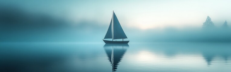 Serene Sailboat Reflected on a Misty Morning Lake