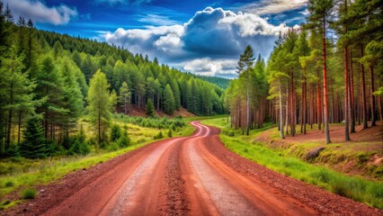 Fototapeta premium Red gravel road winding through empty countryside landscape in a forest area, red, gravel road, empty, countryside, forest