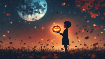 Obraz premium A silhouette of a child stands in a field, holding a glowing jack-o'-lantern. The moon is full and bright in the sky, with falling leaves surrounding them. This image symbolizes childhood wonder, the 