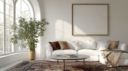 A modern living room featuring a white sofa, a vintage coffee table, an arched window, and a large, empty art poster frame, with a patterned rug beneath the coffee table and a throw blanket draped