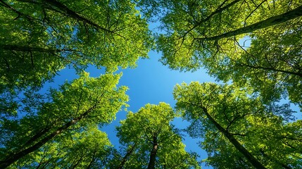 Obraz premium Trees in forest from below, green tops of trees, blue sky background