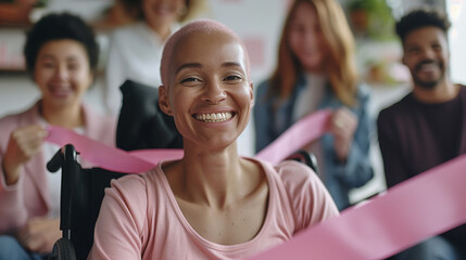Fototapeta premium Mixed raced black Breast Cancer Survivor with pink hair in a wheelchair with shaved hair smiling happy to beat cancer survive against odds. Indie alternative style summer. Wear it pink. Ribbon
