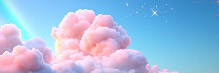 Fototapeta premium A soft and ethereal cloudscape, with pastel pink clouds, a delicate rainbow, and twinkling stars, symbolizing hope, dreams, peace, serenity, and wonder.