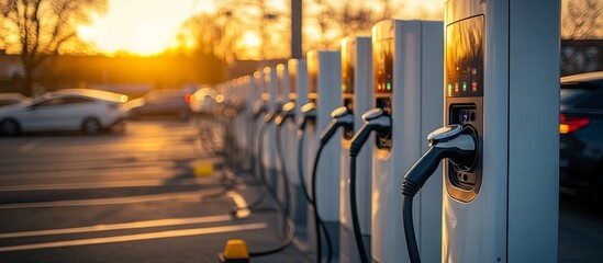 Modern fast electric vehicle chargers for charging car in park