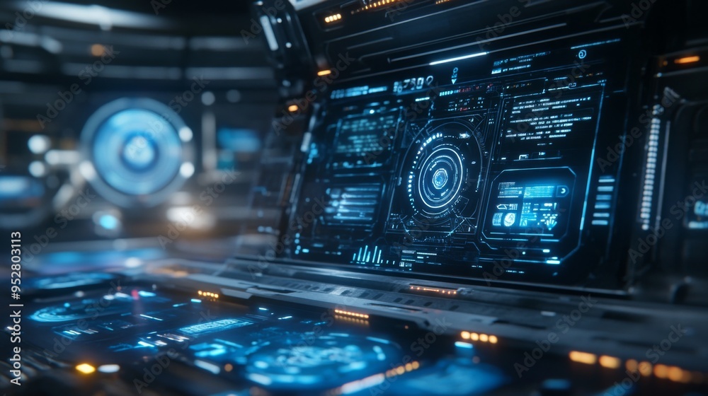Poster innovative technology concept with a futuristic interface and holographic displays, illustrating cut