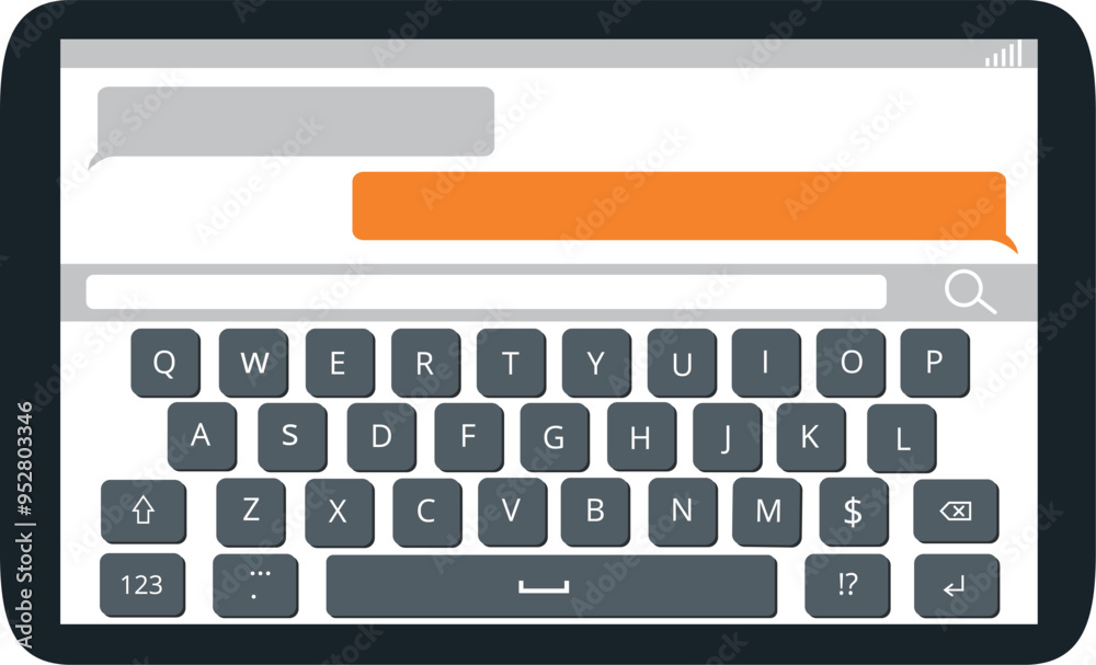 Poster tablet display with screen keyboard. typing alphabet buttons