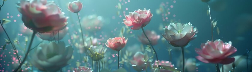 Obraz premium Breathtaking underwater scene with pink flowers, creating a serene and tranquil ambience. Perfect for nature-themed projects.