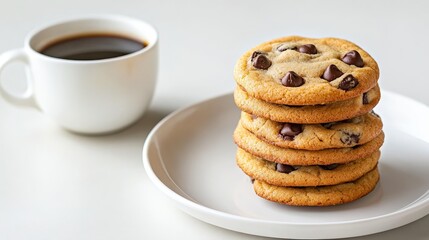 A stack of freshly baked chocolate chip cookies on a white plate. The cookies are golden brown and have a crispy exterior with a soft and chewy interior. The aroma of freshly baked cookies is tempting