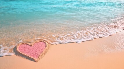 A pink heart drawn in the sand on a beach, with gentle waves lapping nearby, evoking a sense of love and tranquility.