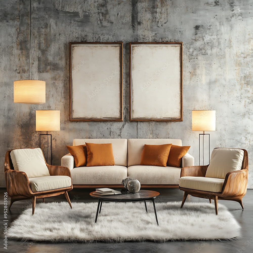 Wall mural boucle sofa and two armchairs on fur rug against concrete wall with art frames. loft, minimalist int