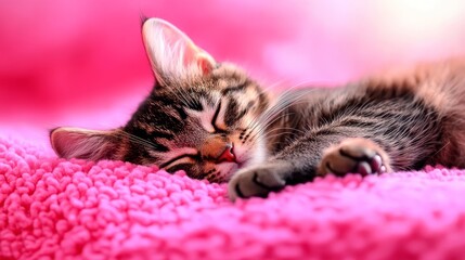 A sweet tabby kitten naps peacefully on a plush pink blanket, its head resting on its paws. The kitten's soft fur and relaxed posture convey a sense of tranquility and contentment. The pink blanket cr