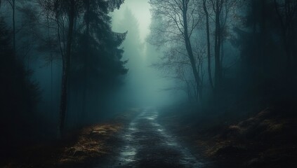 Fototapeta premium Fog In Spooky Forest At Moon Light On Asphalt - Abstract Bokeh