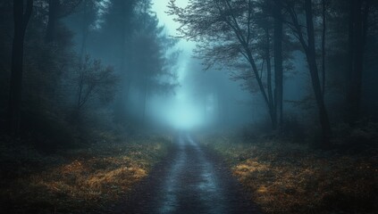 Obraz premium Fog In Spooky Forest At Moon Light On Asphalt - Abstract Bokeh