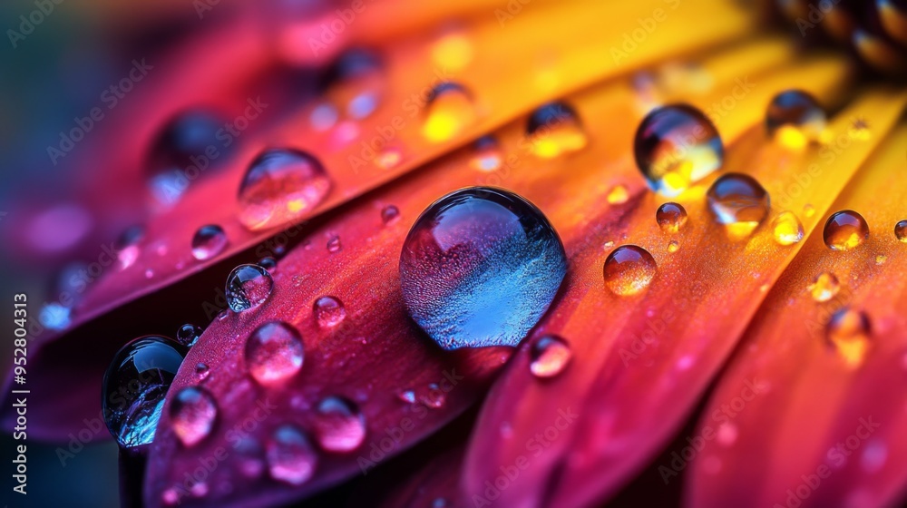 Poster macro shot of water droplets on a vibrant flower petal, with the colors of the petal reflecting thro
