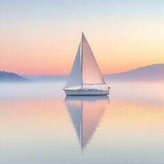 Fototapeta premium Serene Sailboat Reflected on a Misty Morning Lake