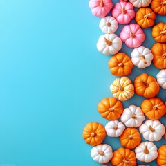 A vibrant blue background is adorned with an arrangement of small pumpkins in various shades of orange, white, and pink, creating a cheerful and festive autumnal scene.