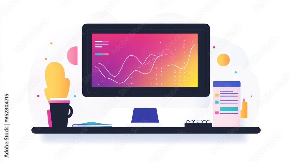 Poster minimalist business office with a computer screen displaying a complex line graph, vibrant colors, a