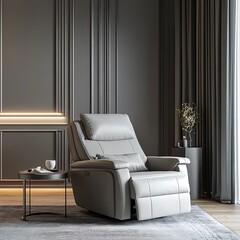 Classical style interior design of modern living room with grey recliner chair.