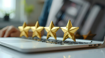 Laptop Computer on the Table with Five Golden Stars – Excellence in Technology and Performance