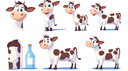 This illustration showcases a playful cow cartoon character in various humorous poses. The cow, depicted as a cute farm animal, is seen holding a milk bottle, a glass of milk, and engaging in other fu
