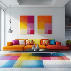 Minimalist interior design of modern living room with vibrant colorful multicolored furniture