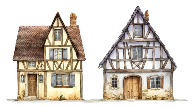 Watercolor vintage depiction of two old half-timbered houses in a medieval style on a white background