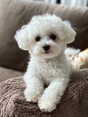 A white poodle puppy sits on a brown blanket with a cute expression. It represents pure love, playfulness,  small dog breeds, fluffy fur, and companionship.