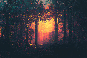 Fototapeta premium glowing sunset shines through the dense trees of a forest, creating a magical and serene atmosphere with warm and rich colors