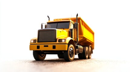 Obraz premium A yellow dump truck is isolated on a white background. The truck is facing the camera and is ready to work. It symbolizes strength, power, and transportation.