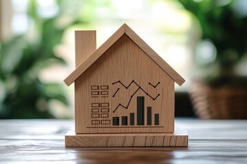 A wooden model house with a graph design symbolizing growth, market trends, investment, stability, and real estate value.