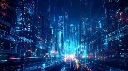 Naklejka premium Futuristic Cityscape with Digital Effects and Neon Lights